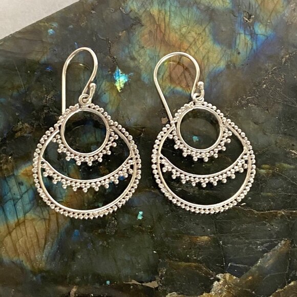 Sterling Silver 925 ATI ID 1.5" Round Bali Bead Style Dangle Earrings - Picture 7 of 16